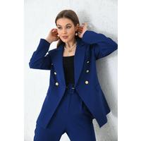 Buttoned Sleeve Blazer Jacket Navy Blue