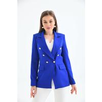 Buttoned Sleeve Blazer Jacket Saks Blue