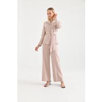 Belted 3 Button Suit Beige