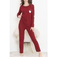 Nakışlı Fitilli Pijama Takımı Bordobeyaz - 12519.1048.