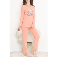 Nakışlı Fitilli Pijama Takımı Somon - 12519.1048.