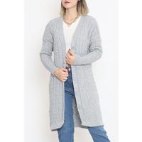 Knitted Pattern Long Cardigan Gray - 2030.1577.