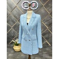 Tasseled 6 Button Knitted Fabric Winter Jacket Baby Blue