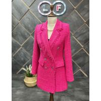 Tasseled 6 Button Knitted Fabric Winter Jacket Fuchsia