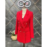 Tasseled 6 Button Knitted Fabric Winter Jacket Red