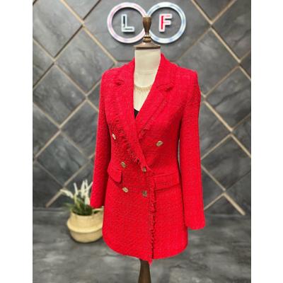 Tasseled 6 Button Knitted Fabric Winter Jacket Red