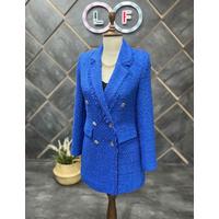 Tasseled 6 Button Knitted Fabric Winter Jacket Saks Blue