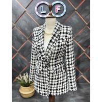 Tasseled Checkered Winter Jacket BlackWhite