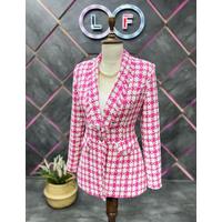 Tasseled Checkered Winter Jacket Fuchsia