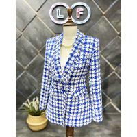 Tasseled Checkered Winter Jacket Blue