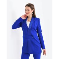 Satin Collar Half Belt Suit Saks Blue