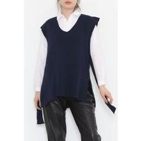 V-Neck Belted Sweater Navy Blue - 614.1577.