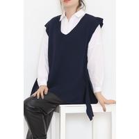 V-Neck Belted Sweater Navy Blue - 614.1577.