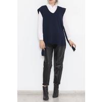 V-Neck Belted Sweater Navy Blue - 614.1577.