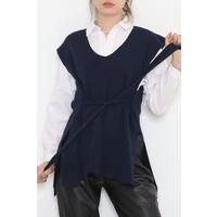 V-Neck Belted Sweater Navy Blue - 614.1577.